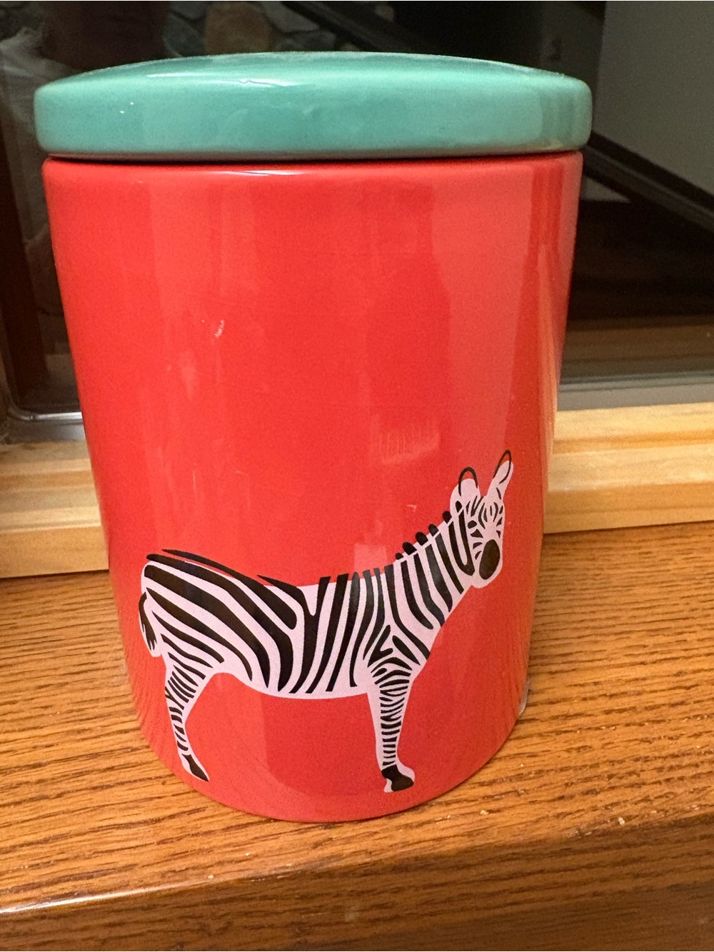 RARE NWT DABNEY LEE Ceramic Zebra Treat Jar Canister Coral Body with Mint Lid